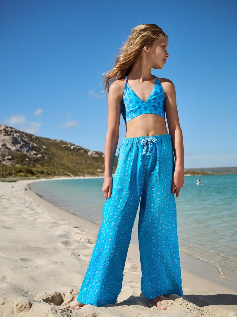 Blue Printed 100% Cotton Beach Trousers (3-16yrs)