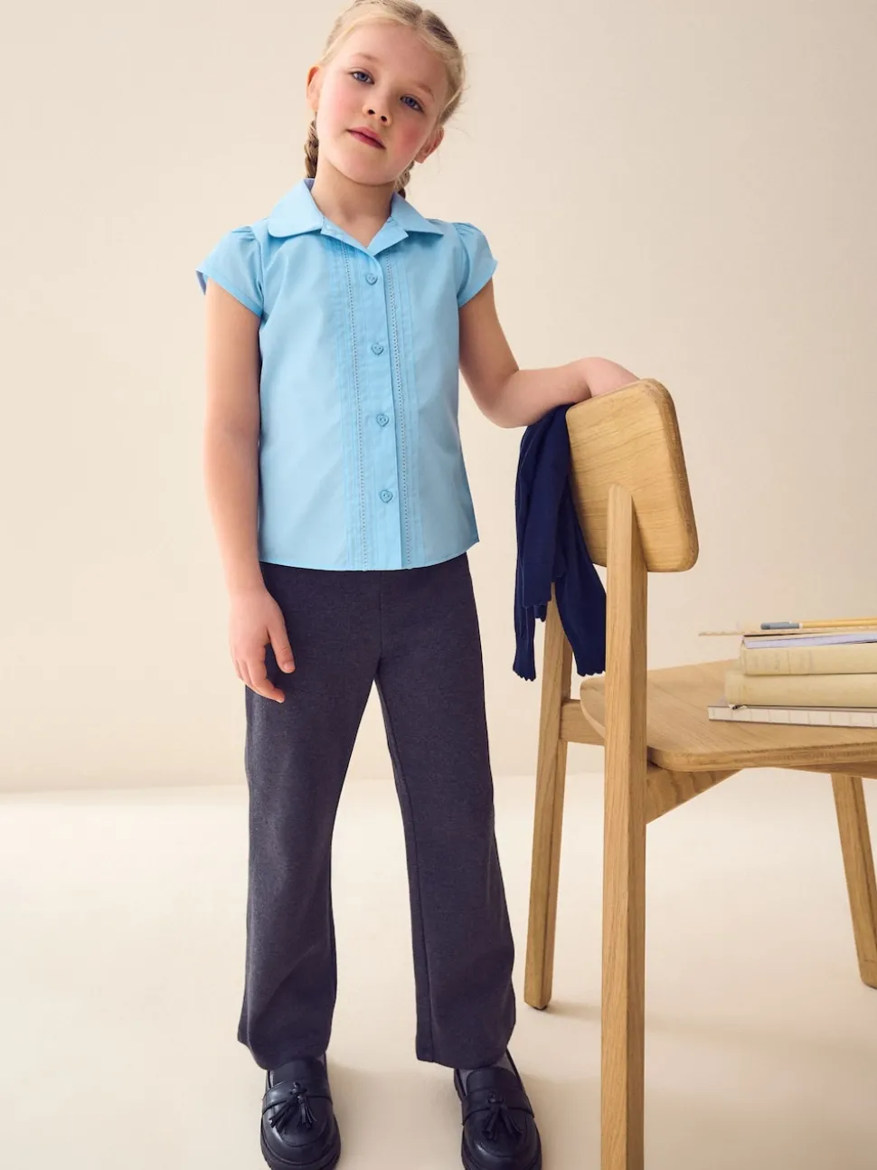 Blue Regular Fit Puff Sleeve Lace Trim School Blouse (3-14yrs)