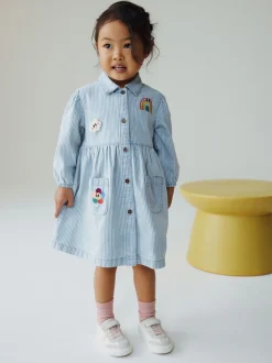 Blue Stripe Long Sleeve Cotton Dress (3mths-8yrs)