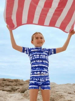 Blue Tie Dye Sunsafe Rash Vest And Shorts Swim Set (3-16yrs)