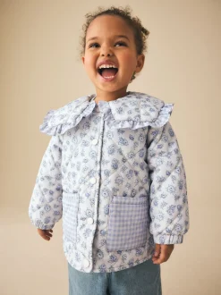 Blue/White Shower Resistant Frill Collar Quilted Jacket (3mths-7yrs)