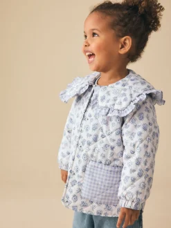 Blue/White Shower Resistant Frill Collar Quilted Jacket (3mths-7yrs)