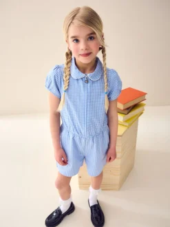 Blue Zip Front Cotton Rich Gingham School Playsuit (3-14yrs)