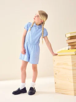 Blue Zip Front Cotton Rich Gingham School Playsuit (3-14yrs)