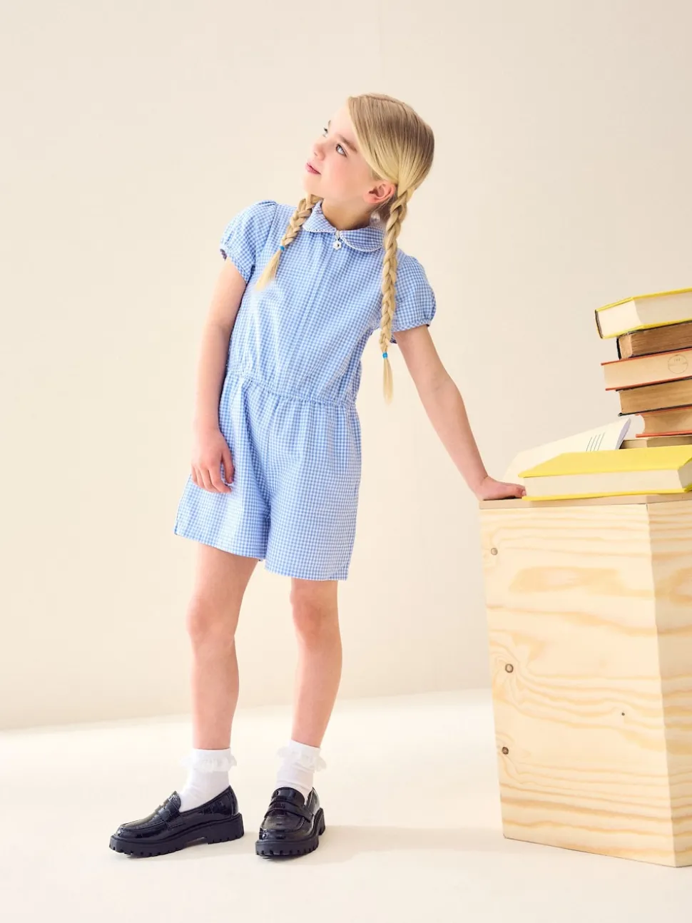 Blue Zip Front Cotton Rich Gingham School Playsuit (3-14yrs)