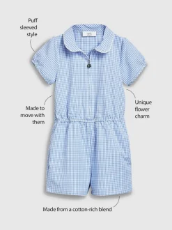 Blue Zip Front Cotton Rich Gingham School Playsuit (3-14yrs)