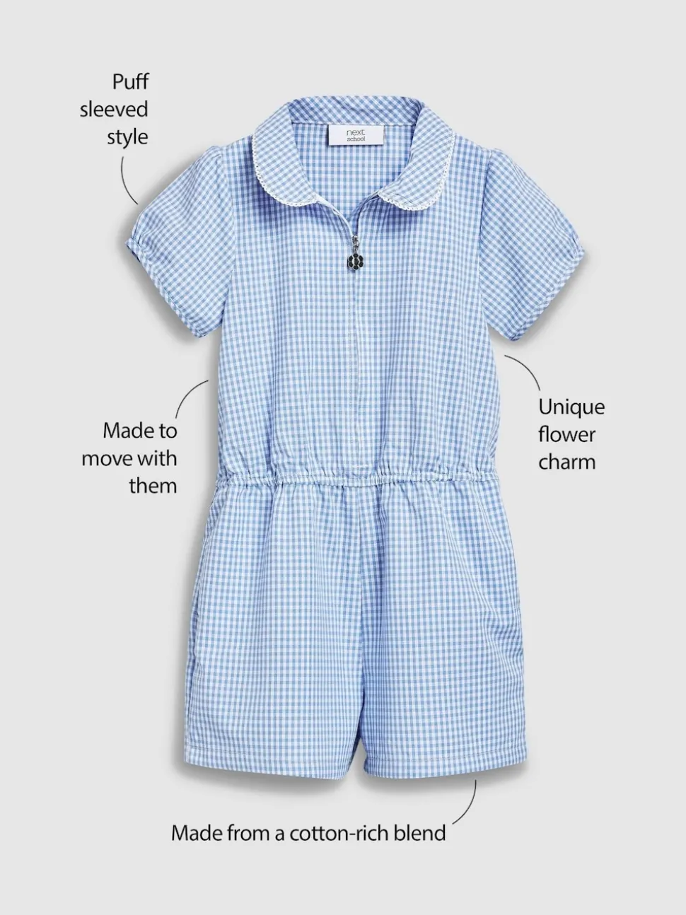 Blue Zip Front Cotton Rich Gingham School Playsuit (3-14yrs)