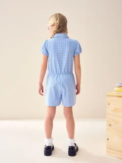Blue Zip Front Cotton Rich Gingham School Playsuit (3-14yrs)