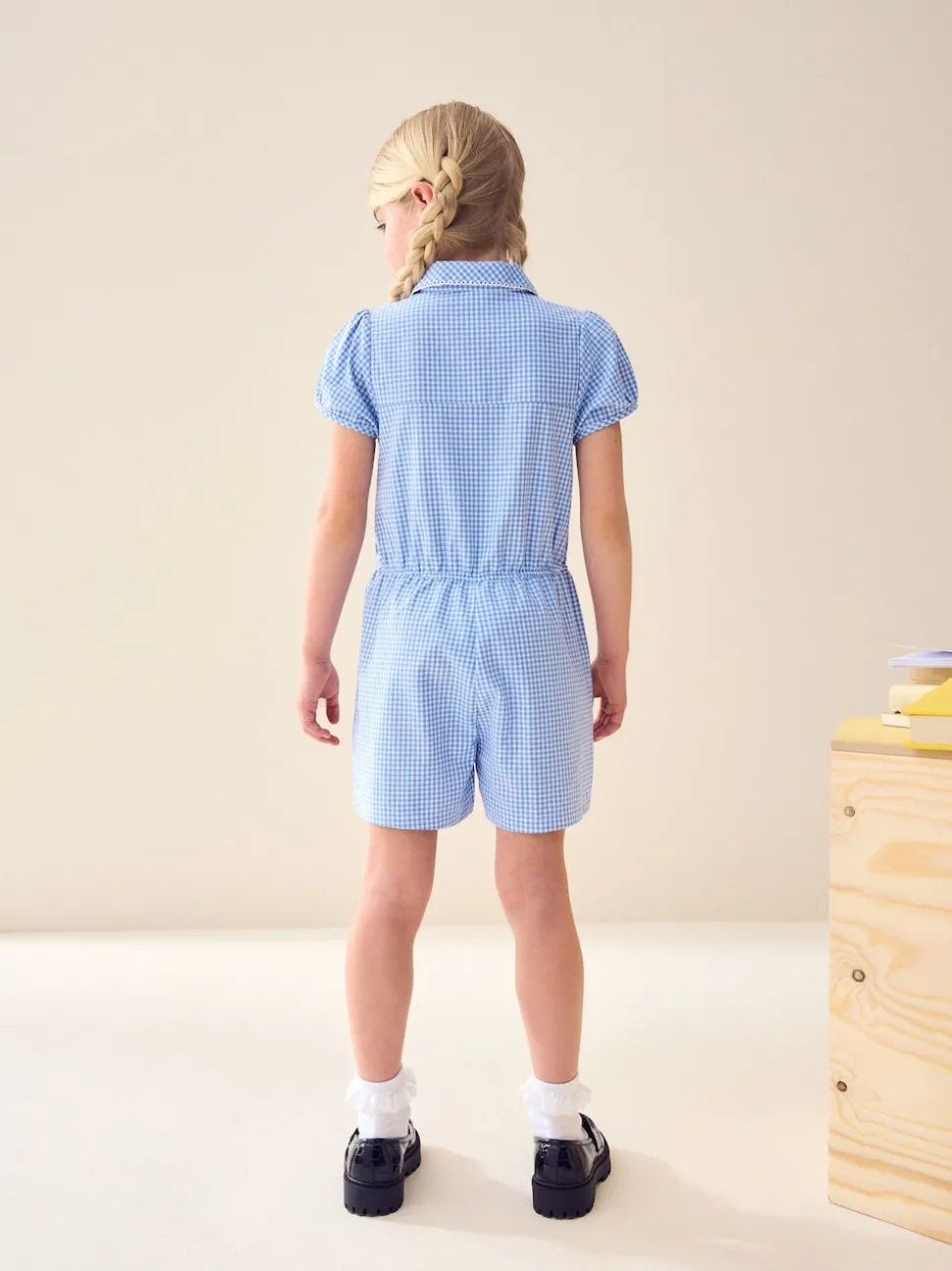 Blue Zip Front Cotton Rich Gingham School Playsuit (3-14yrs)