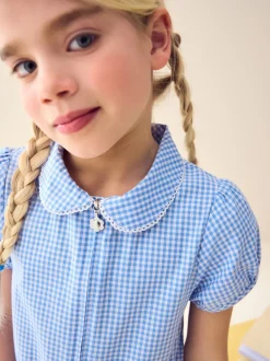 Blue Zip Front Cotton Rich Gingham School Playsuit (3-14yrs)