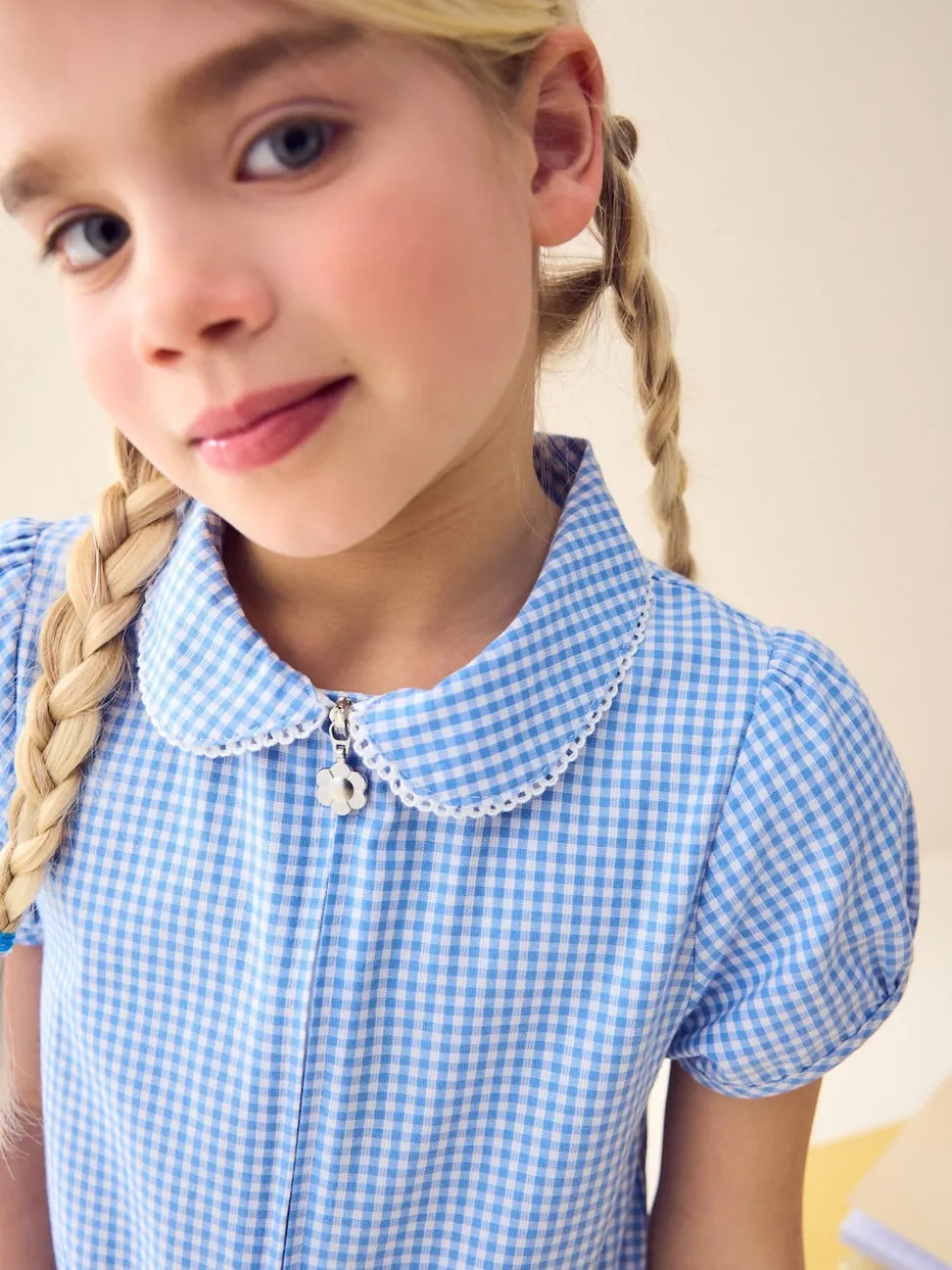 Blue Zip Front Cotton Rich Gingham School Playsuit (3-14yrs)
