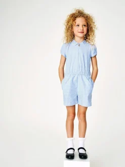 Blue Zip Front Cotton Rich Gingham School Playsuit (3-14yrs)