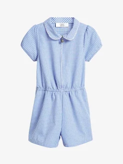 Blue Zip Front Cotton Rich Gingham School Playsuit (3-14yrs)