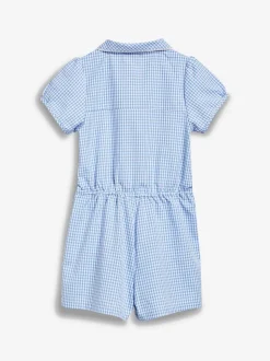 Blue Zip Front Cotton Rich Gingham School Playsuit (3-14yrs)