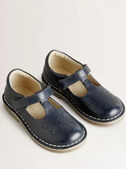 Boden Navy Leather T-Bar School Shoes