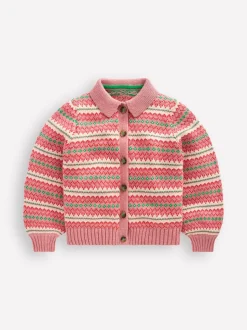 Boden Pink Collared Fair Isle Cardigan