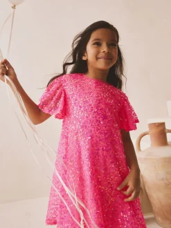 Bright Pink Angel Sleeve Sequin Party Dress (3-16yrs)
