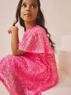 Bright Pink Angel Sleeve Sequin Party Dress (3-16yrs)