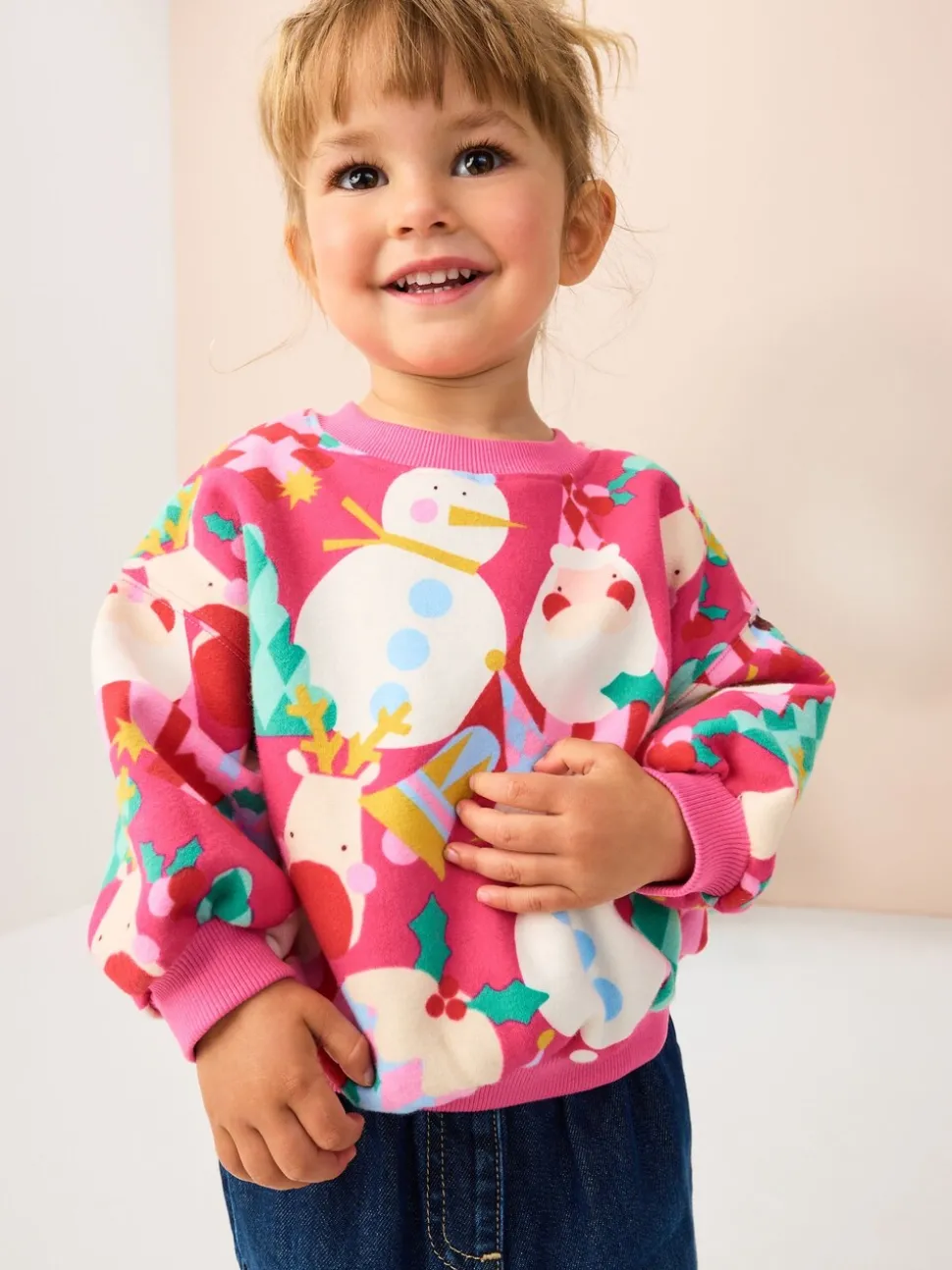 Bright Pink Christmas Print Crew Neck Sweatshirt (3mths-7yrs)