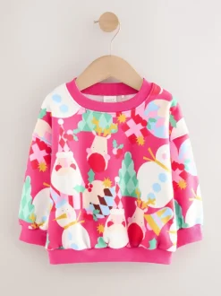 Bright Pink Christmas Print Crew Neck Sweatshirt (3mths-7yrs)
