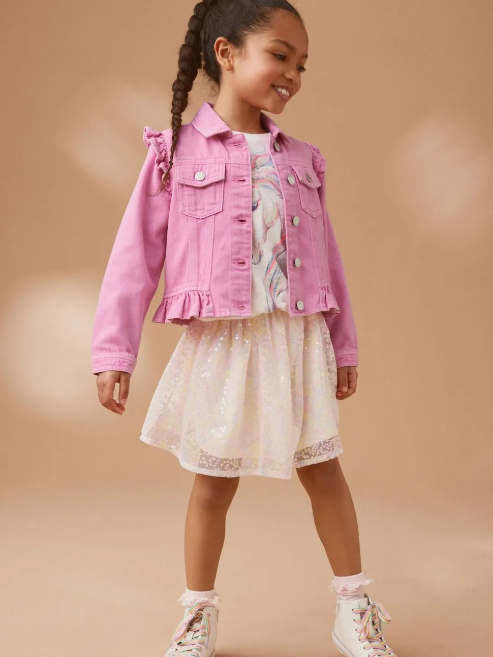 Bright Pink Frill Shoulder Denim Jacket (3-16yrs)