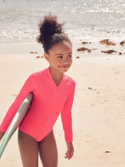 Bright Pink Long Sleeve Textured Swimsuit (3-16yrs)