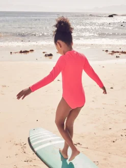 Bright Pink Long Sleeve Textured Swimsuit (3-16yrs)
