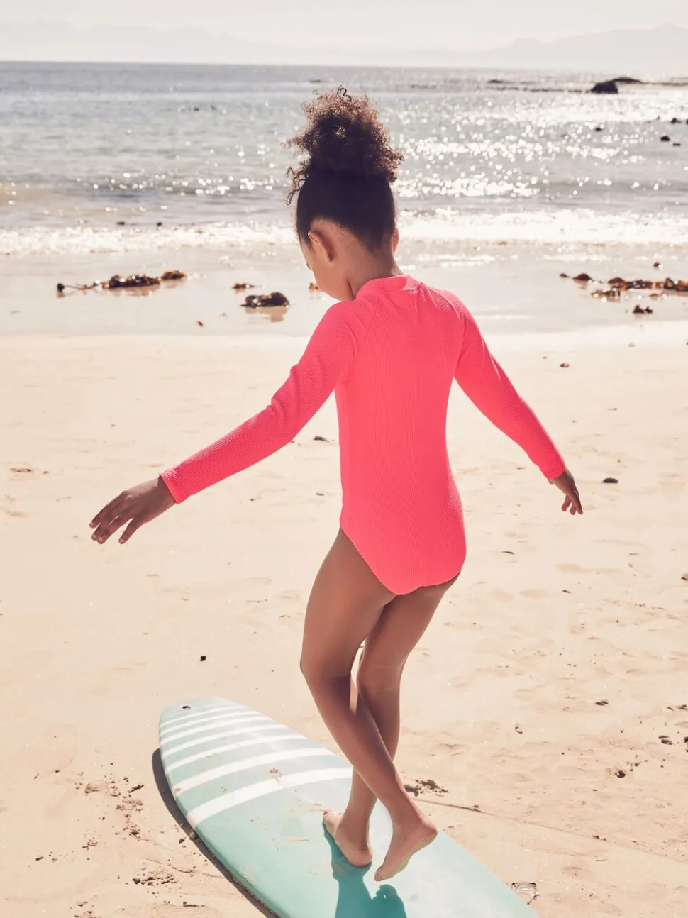 Bright Pink Long Sleeve Textured Swimsuit (3-16yrs)