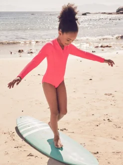 Bright Pink Long Sleeve Textured Swimsuit (3-16yrs)