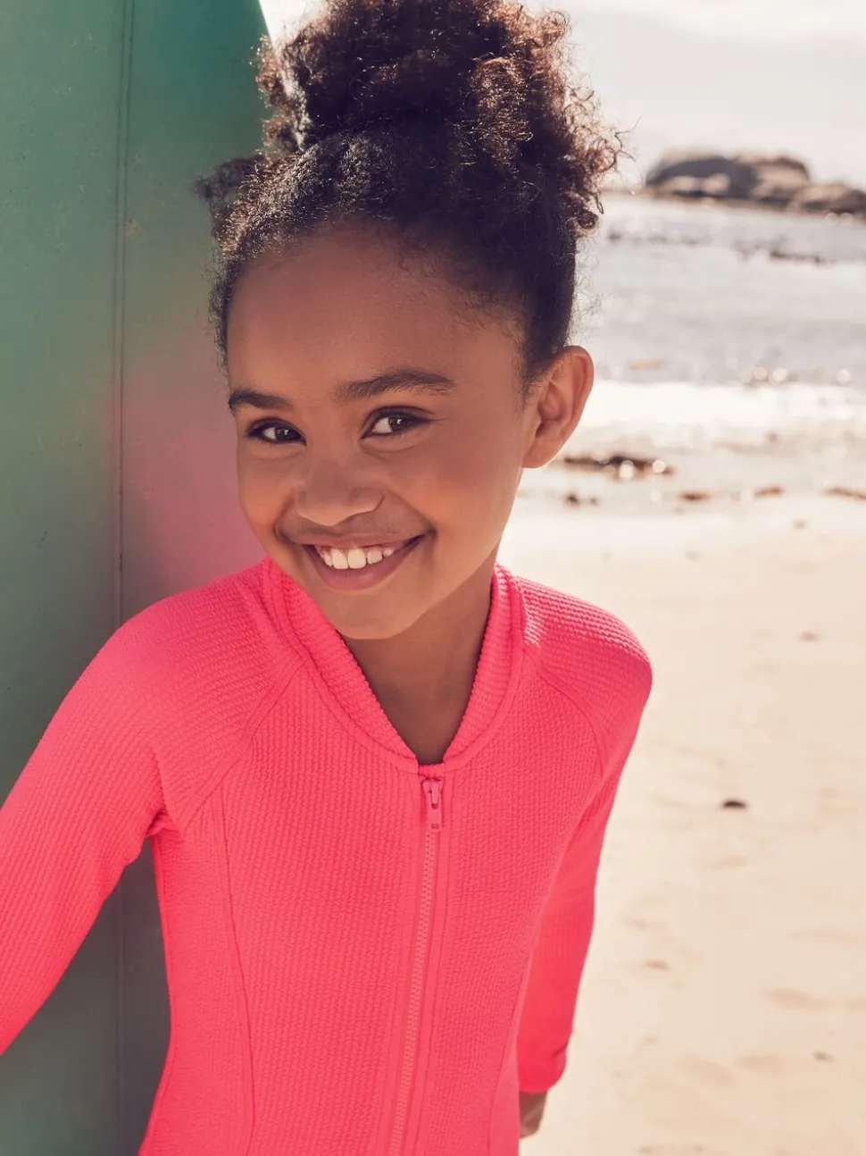 Bright Pink Long Sleeve Textured Swimsuit (3-16yrs)