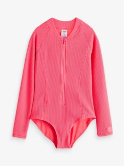 Bright Pink Long Sleeve Textured Swimsuit (3-16yrs)