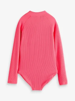 Bright Pink Long Sleeve Textured Swimsuit (3-16yrs)