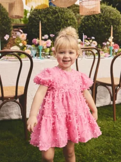 Bright Pink Short Sleeve 3D Flowers Dress (3mths-8yrs)