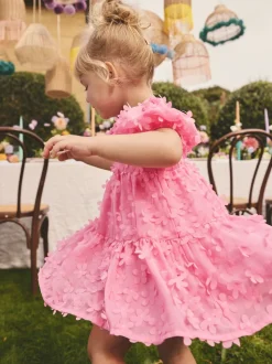 Bright Pink Short Sleeve 3D Flowers Dress (3mths-8yrs)