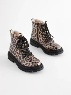 Brown Animal Print Wide Fit (G) Warm Lined Lace-Up Ankle Boots