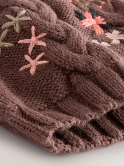 Brown Floral Embroidered Pom Baby Beanie Hat (0mths-2yrs)