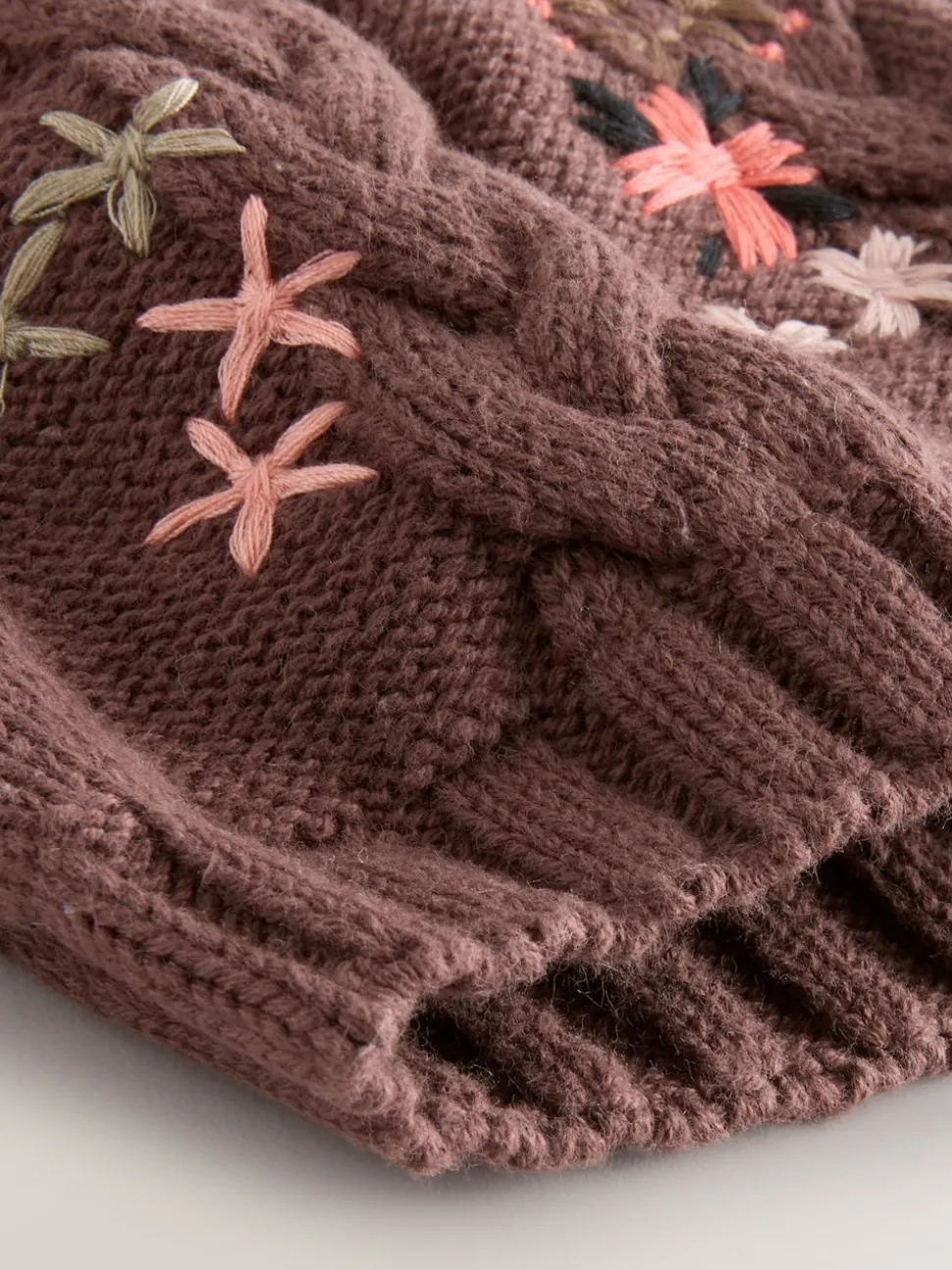 Brown Floral Embroidered Pom Baby Beanie Hat (0mths-2yrs)