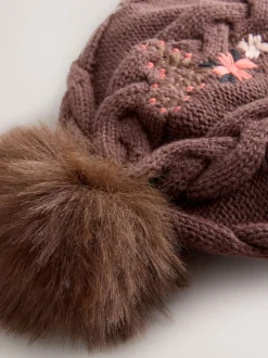 Brown Floral Embroidered Pom Baby Beanie Hat (0mths-2yrs)