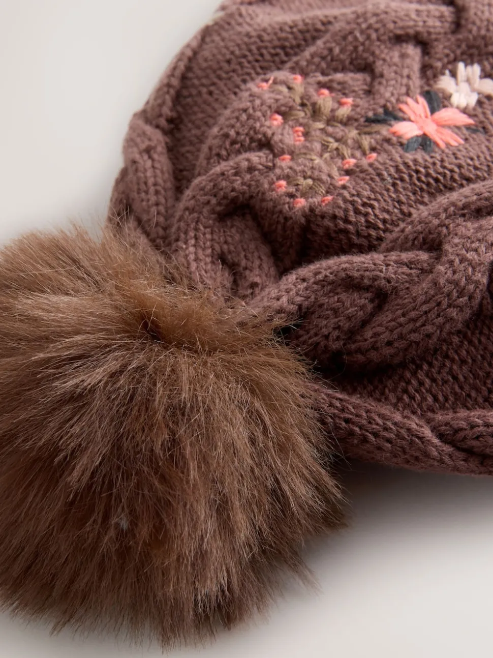 Brown Floral Embroidered Pom Baby Beanie Hat (0mths-2yrs)
