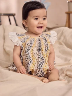 Brown Patterned 100% Cotton Printed Baby Broderie Romper