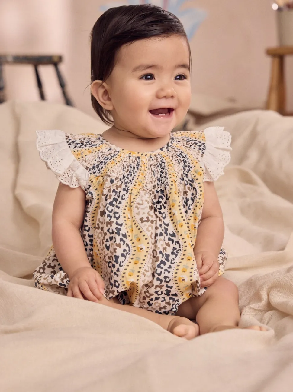 Brown Patterned 100% Cotton Printed Baby Broderie Romper
