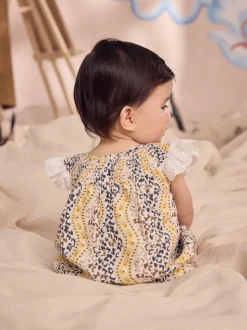 Brown Patterned 100% Cotton Printed Baby Broderie Romper