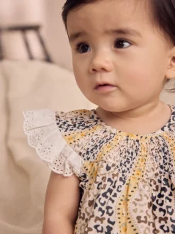 Brown Patterned 100% Cotton Printed Baby Broderie Romper