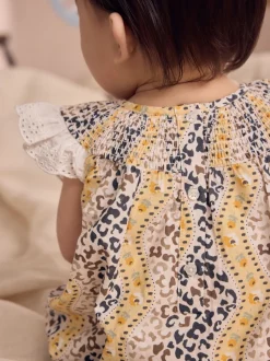Brown Patterned 100% Cotton Printed Baby Broderie Romper