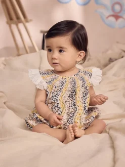 Brown Patterned 100% Cotton Printed Baby Broderie Romper