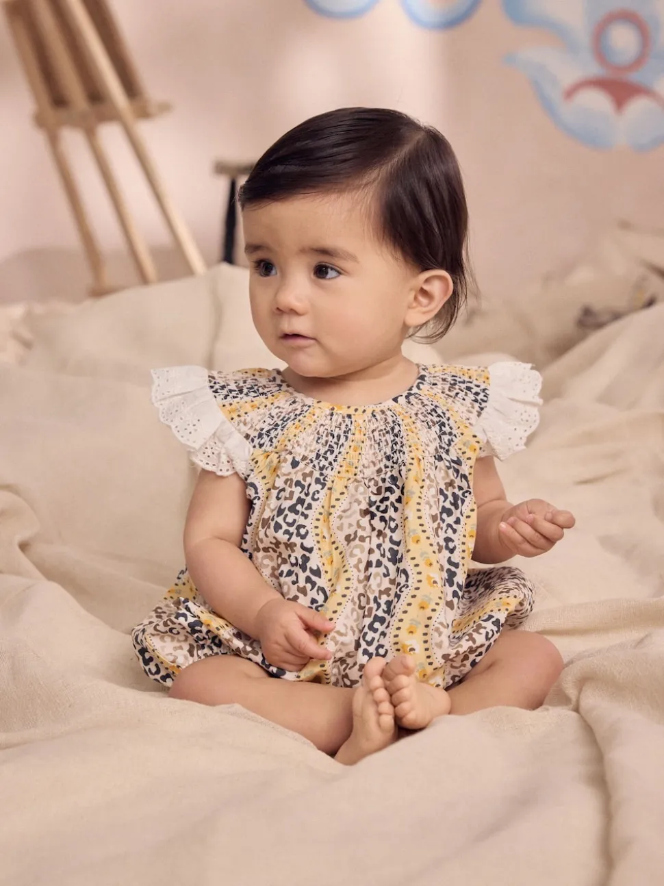 Brown Patterned 100% Cotton Printed Baby Broderie Romper