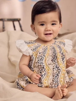 Brown Patterned 100% Cotton Printed Baby Broderie Romper