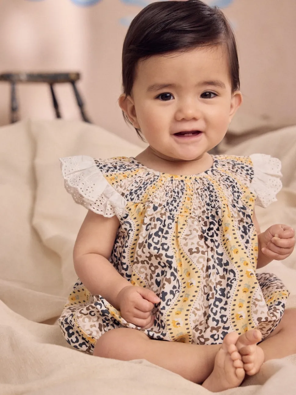 Brown Patterned 100% Cotton Printed Baby Broderie Romper