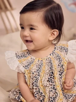 Brown Patterned 100% Cotton Printed Baby Broderie Romper