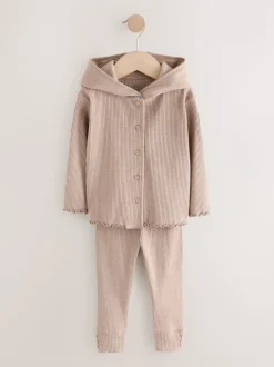 Brown Ribbed Hooded Cardigan and Leggings Set (3mths-7yrs)
